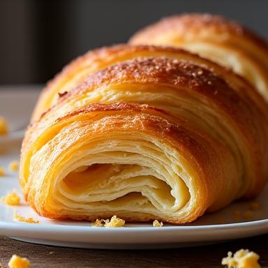 Fluffy, golden croissant on a wooden board