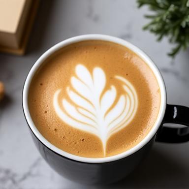 Velvet latte in a ceramic mug with latte art